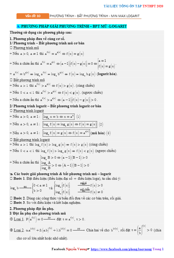 tổng ôn tập tn thpt 2020 môn toán: phương trình – bất phương trình – gtln – gtnn mũ và logarit