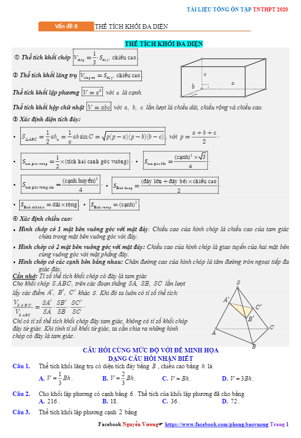 tổng ôn tập tn thpt 2020 môn toán: thể tích khối đa diện