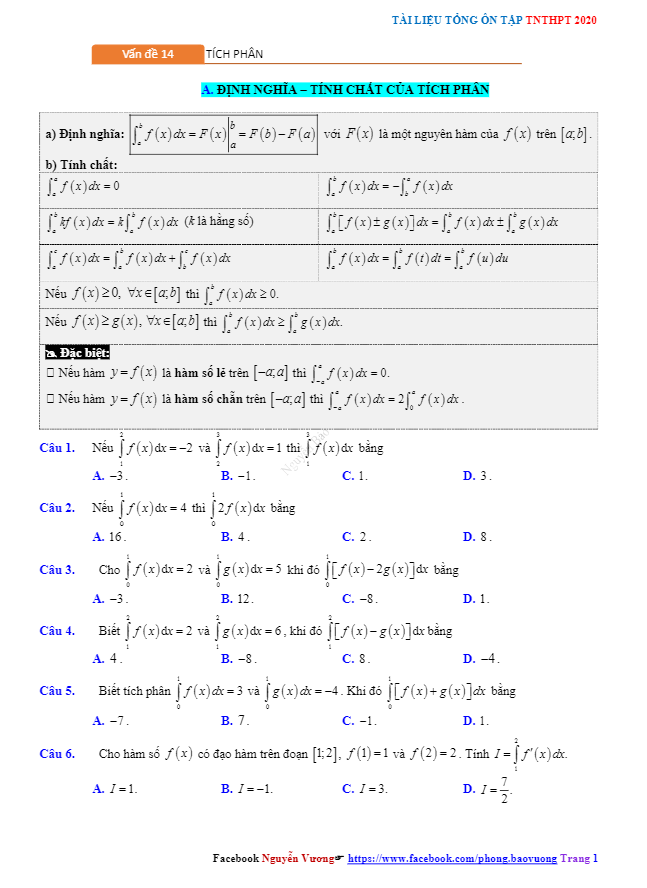 tổng ôn tập tn thpt 2020 môn toán: tích phân