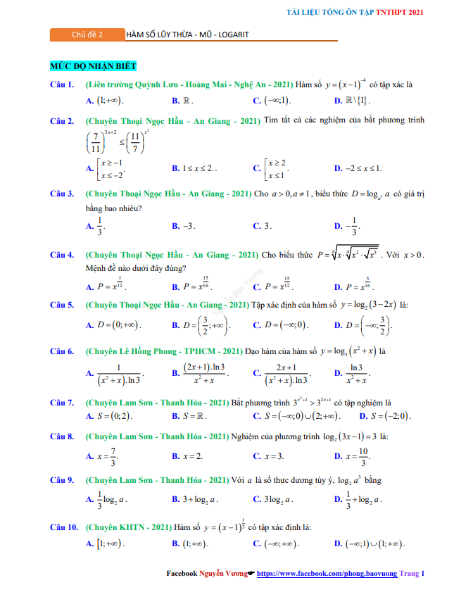 tổng ôn tập tn thpt 2021 môn toán: hàm số lũy thừa – mũ – logarit
