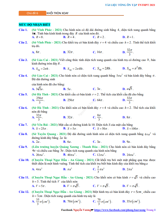tổng ôn tập tn thpt 2021 môn toán: khối tròn xoay