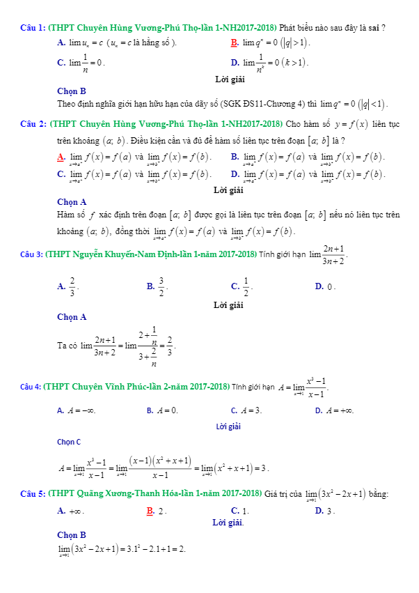 trắc nghiệm giới hạn có giải chi tiết trong các đề thi thử toán 2018