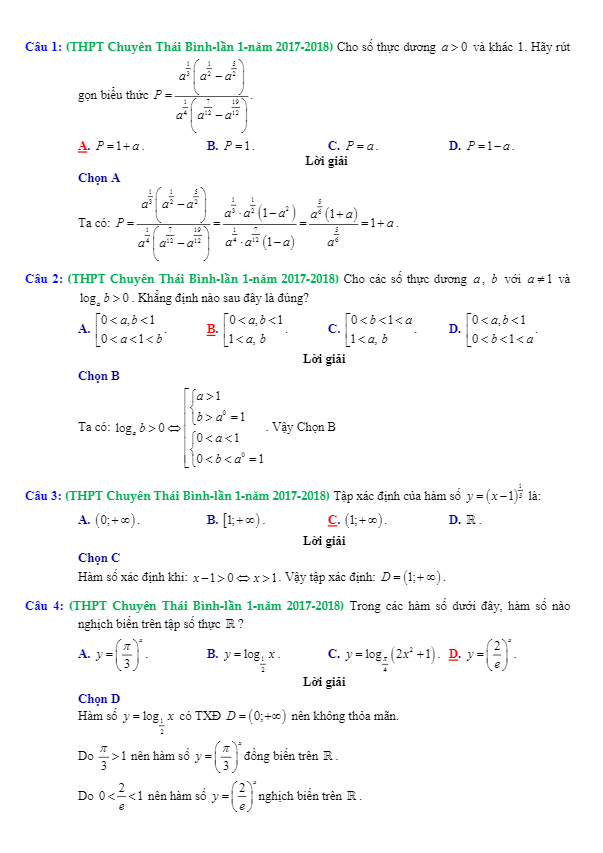 trắc nghiệm lũy thừa, mũ và logarit trong các đề thi thử toán 2018