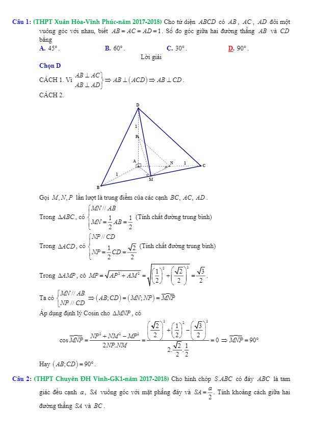 trắc nghiệm quan hệ vuông góc trong các đề thi thử toán 2018