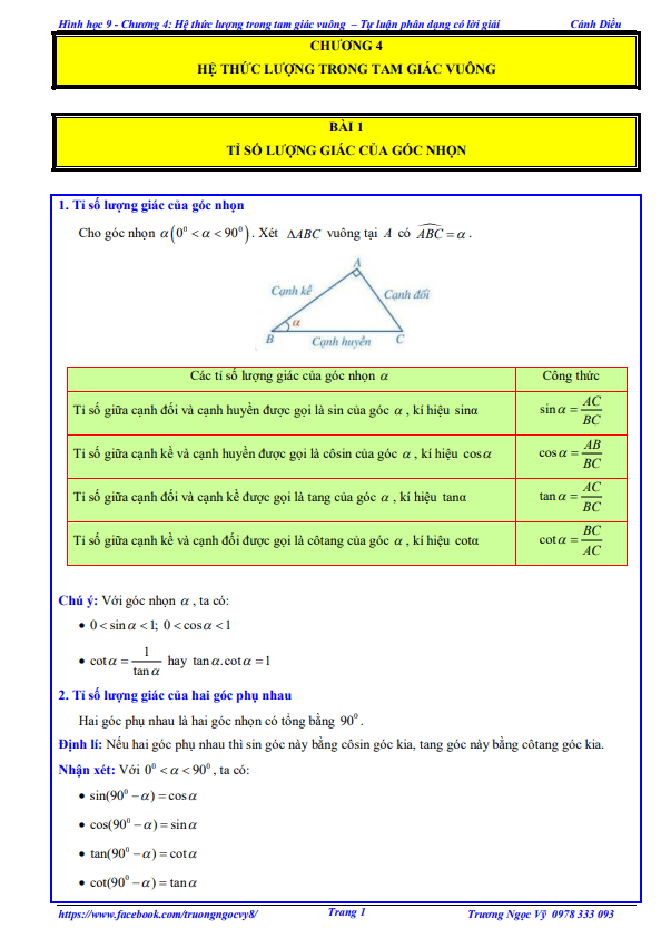 tự luận và trắc nghiệm hệ thức lượng trong tam giác vuông toán 9 cánh diều