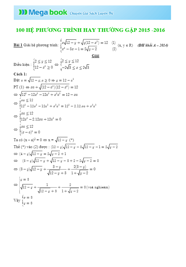 tuyển tập 100 hệ phương trình hay thường gặp – megabook