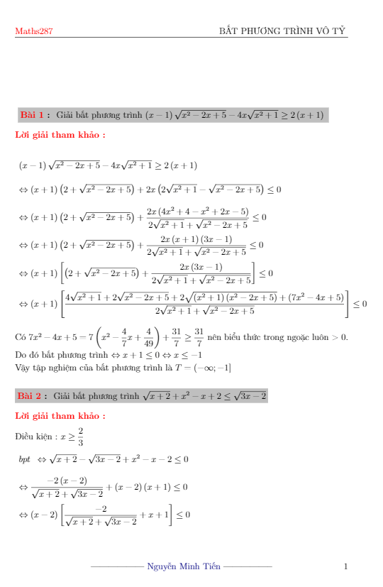 tuyển tập 30 bài toán bất phương trình vô tỉ – nguyễn minh tiến