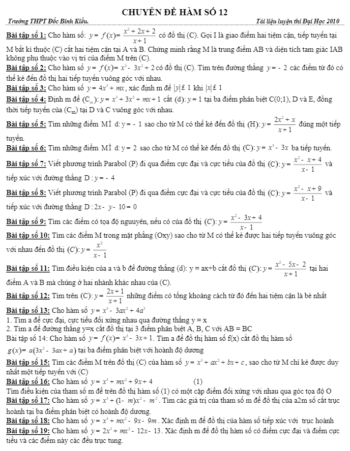tuyển tập 33 bài toán khảo sát hàm số – thpt đốc binh kiều