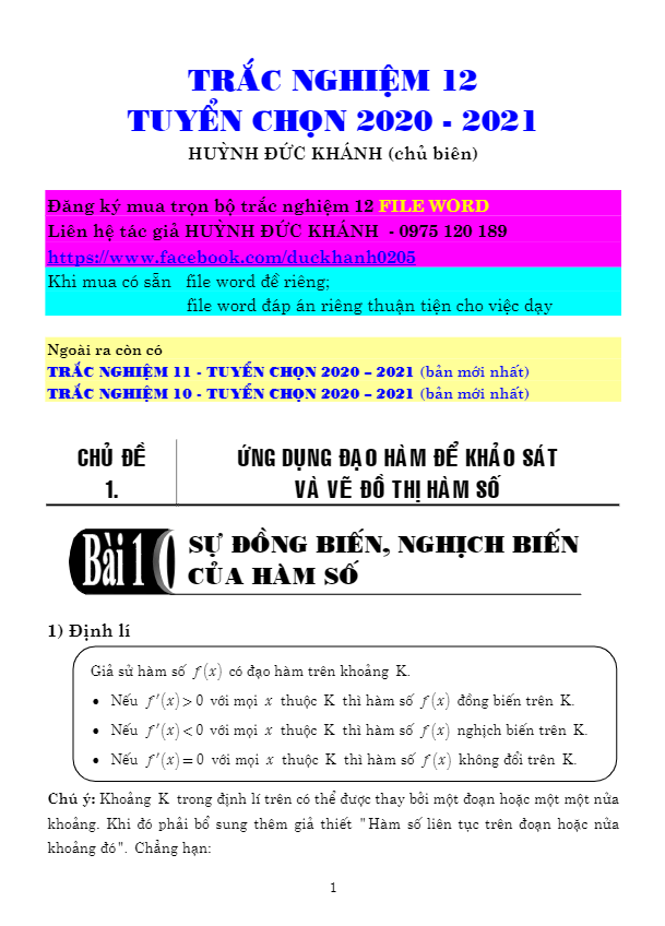 ứng dụng đạo hàm để khảo sát và vẽ đồ thị hàm số – huỳnh đức khánh