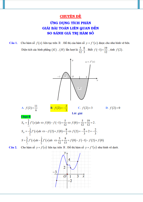 ứng dụng tích phân giải bài toán liên quan đến so sánh giá trị hàm số