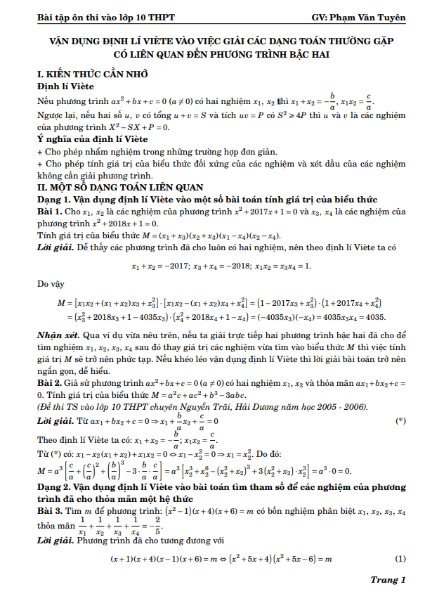 vận dụng định lí viète giải các dạng toán liên quan đến phương trình bậc hai